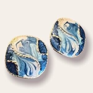 90s Vintage Button Earrings Oversized Artsy Blue Silver Swirl Studs